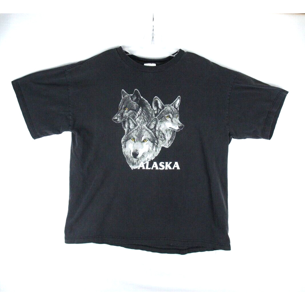 VTG 90's Tour Champ Alaska T-Shirt Mens XL Three 3 Wolf Black S/S Wolves